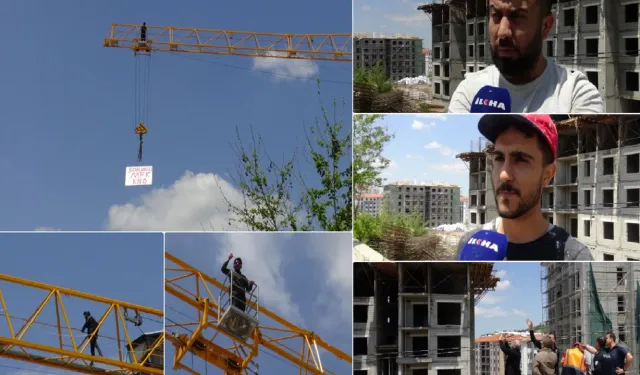 Ücretlerini alamayan işçilerden vinçli protesto