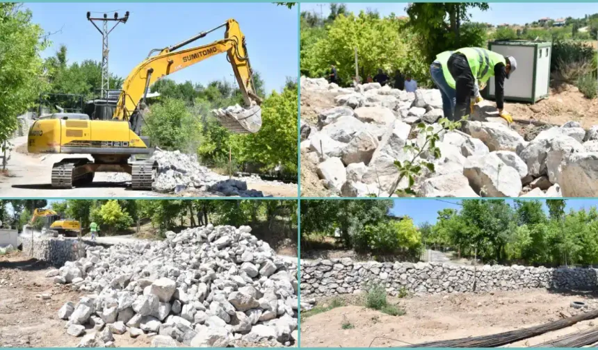 Yeşilyurt Belediyesi Şahnahan'da Taş Duvar Çalışması Yapıyor